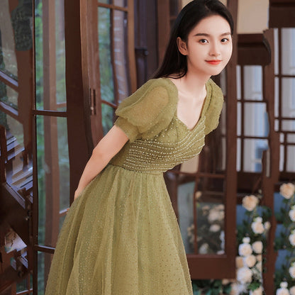 Green tulle beads long prom dress A line evening dress  8993