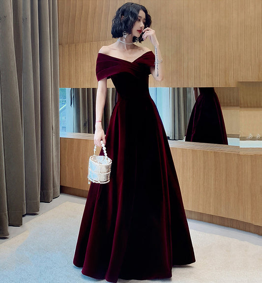 Burgundy Elegant Fashion Strapless Long Velvet Ball Gown Evening Dress 8482