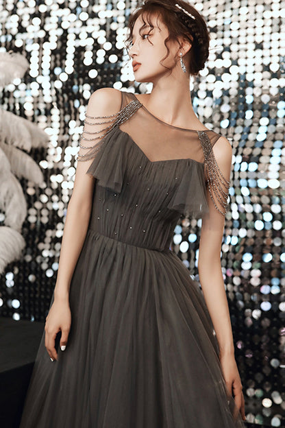 Gray tulle long A line prom dress evening dress  8672