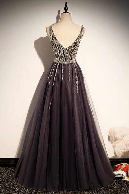 Stylish v neck tulle long prom dress A line evening dress  8640