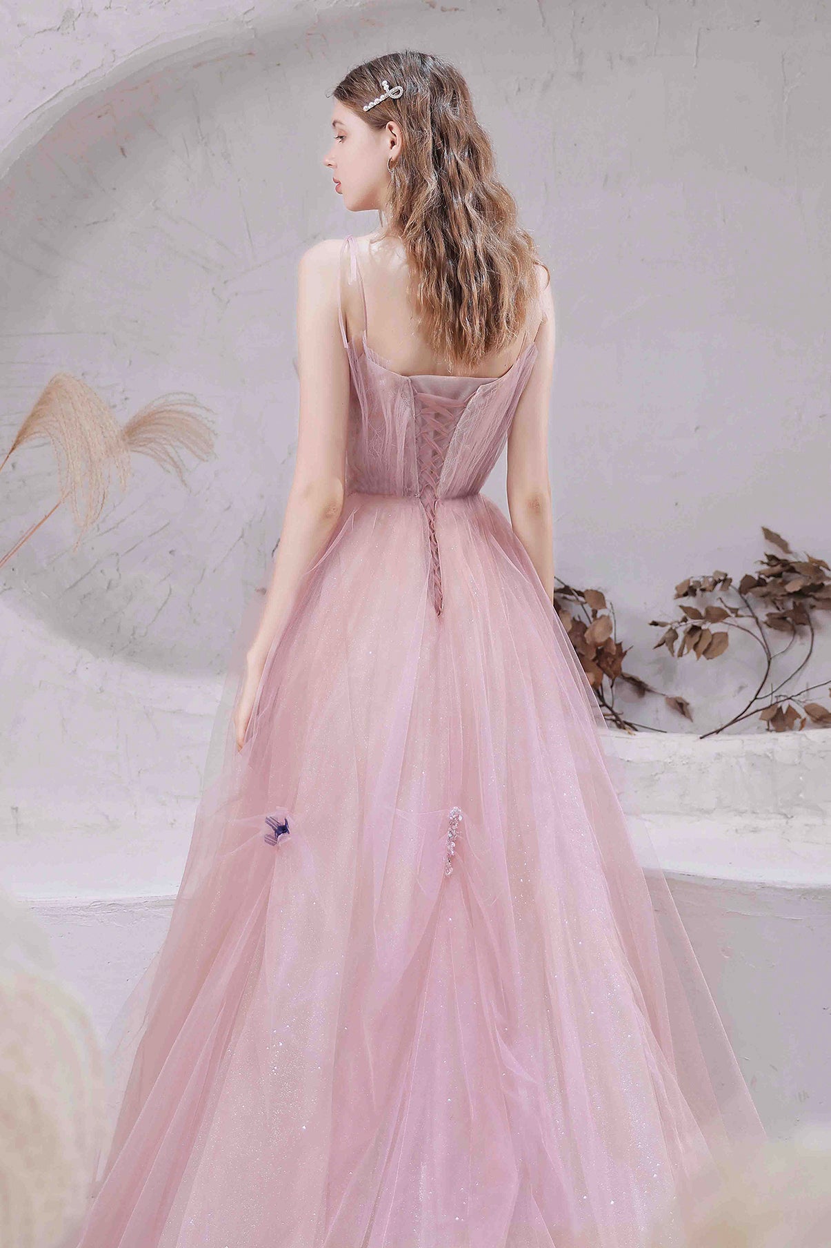 Pink tulle long A line prom dress evening dress  8570