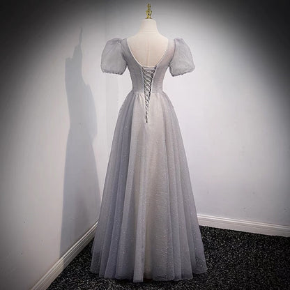 Gray tulle beads long prom dress A line evening dress  8956