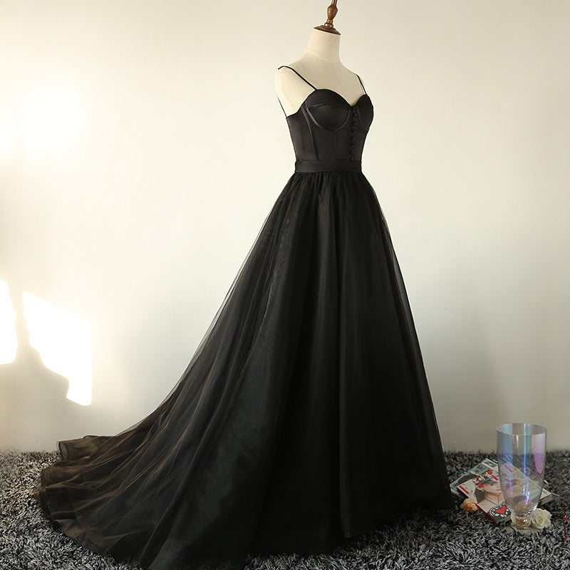 Black tulle long A line prom dress black evening dress  8803