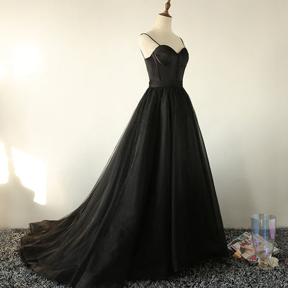 Black tulle long A line prom dress black evening dress  8803