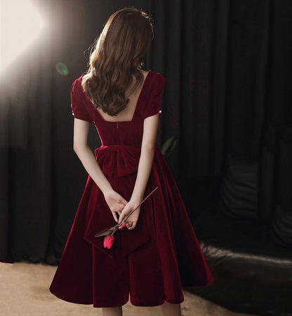 Cute velvet short prom dress with bow party dress  8479