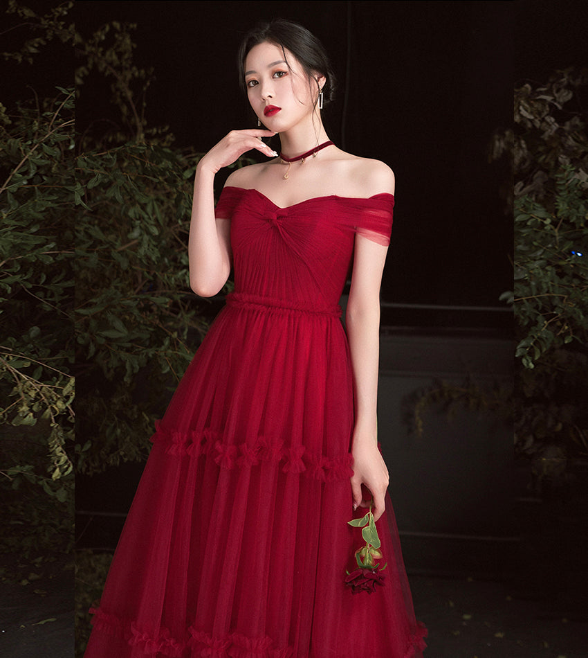Burgundy tulle off shoulder prom dress evening dress  8391