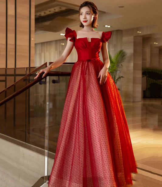 Red tulle long A line prom dress red evening dress  8852