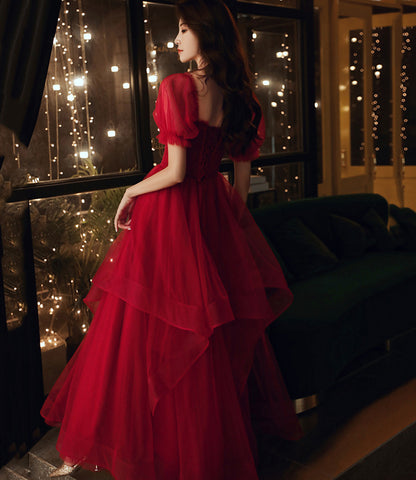 Burgundy tulle long prom dress evening gown  8959