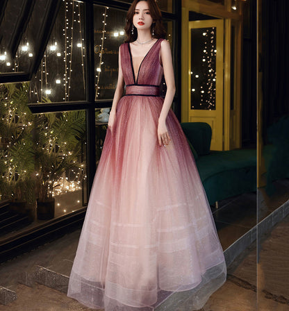 Pink v neck tulle long prom dress evening dress  8606