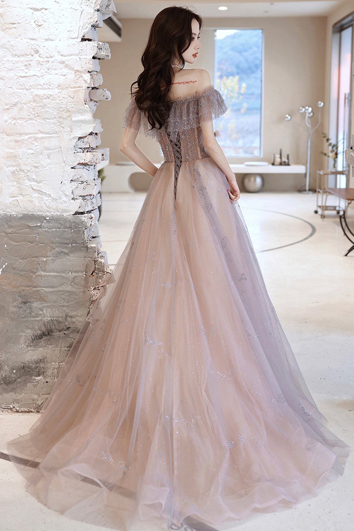 Cute tulle sequins long prom dress evening dress  8643
