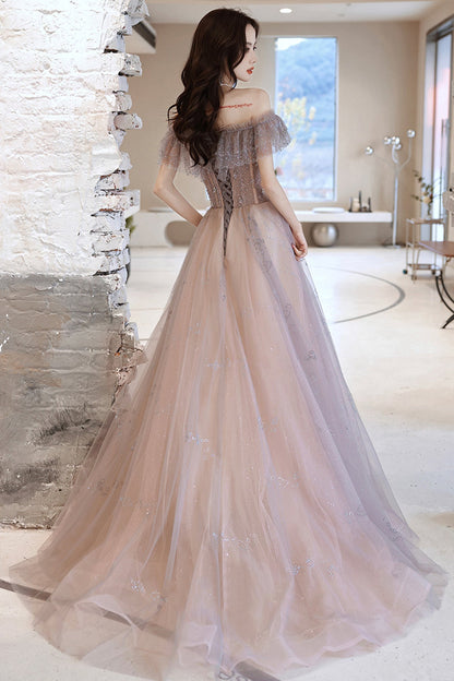 Cute tulle sequins long prom dress evening dress  8643