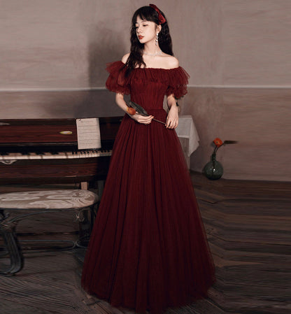 Burgundy tulle long prom gown formal dress  8435