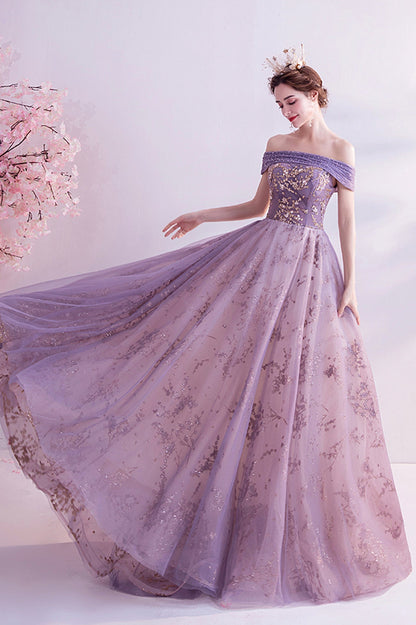 Purple tulle sequins long A line prom dress evening dress  8564