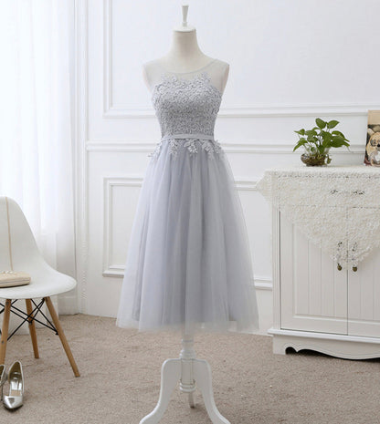 Gray tulle lace prom dress A line evening dress  8442
