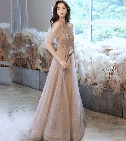 Elegant tulle beads long prom dress evening dress  8441