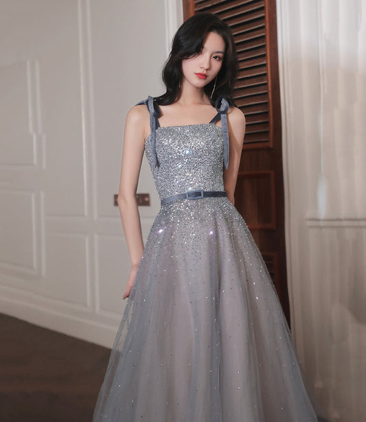 Gray tulle sequins long prom dress A line evening dress  8889