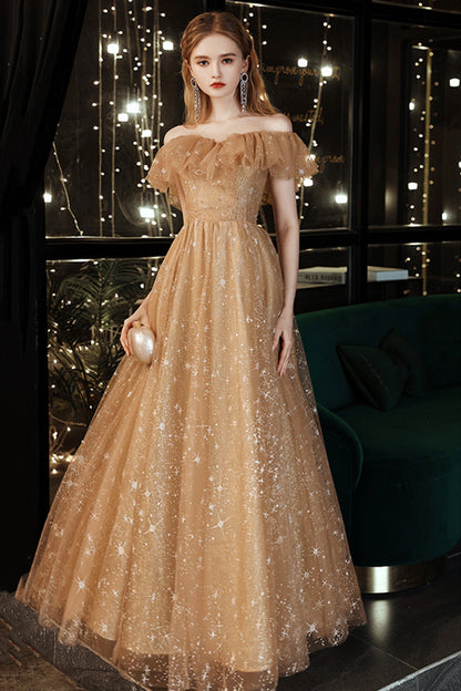 Gold tulle sequins long prom dress evening dress  8508