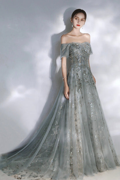 Grey sequins long A line prom dress evening dress  8575