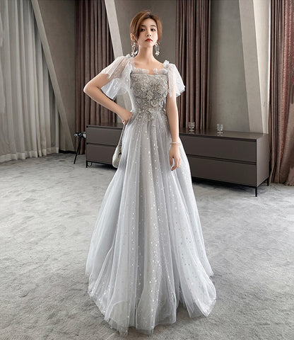 Gray tulle lace long prom dress evening dress  8945