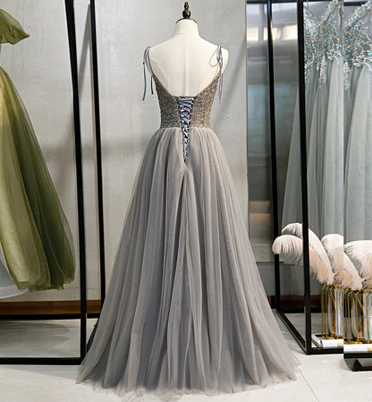 Gray tulle beads long prom gown evening dress  8437
