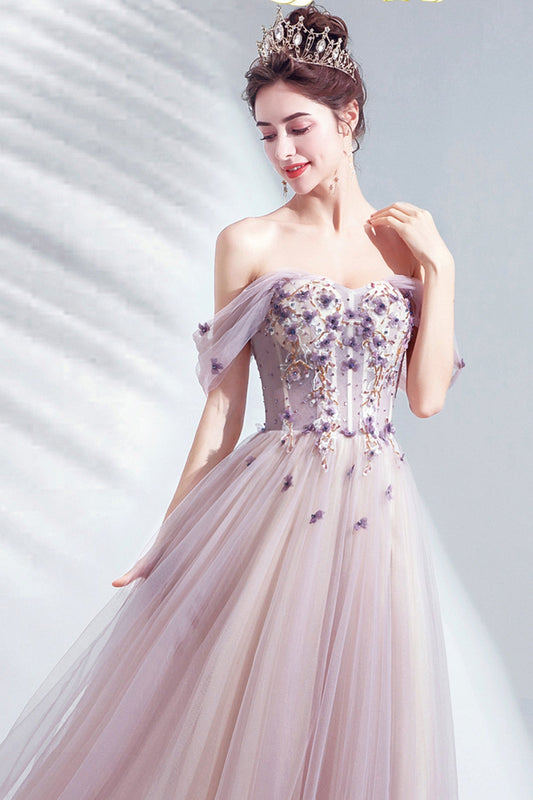 Cute tulle applique long A line prom dress evening dress  8730