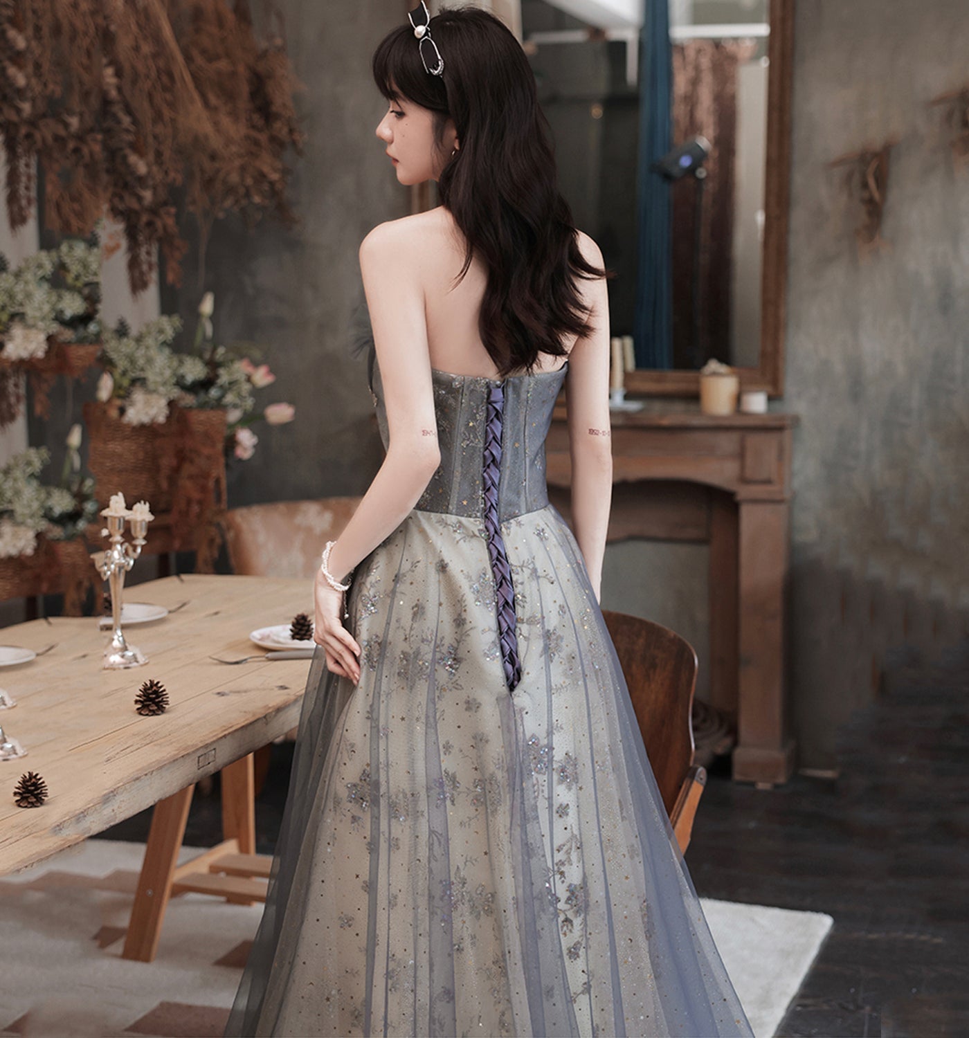 Cute tulle sequins long prom gown A line evening gown  10008