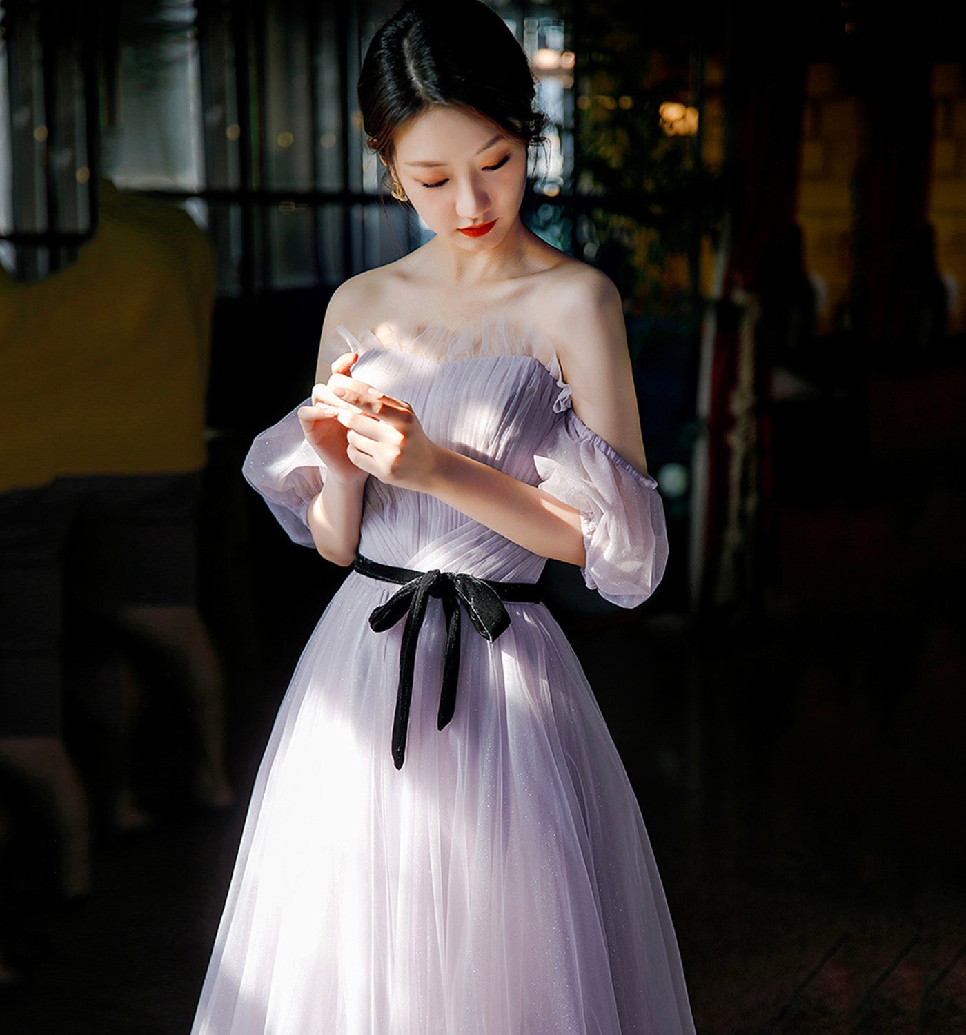 Purple tulle long A line prom gown evening gown  8951