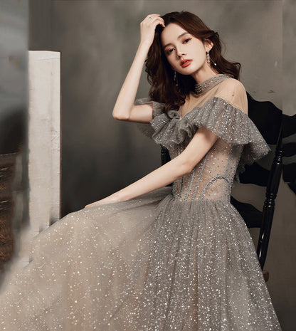 Gray tulle sequins long ball gown dress formal dress  8558