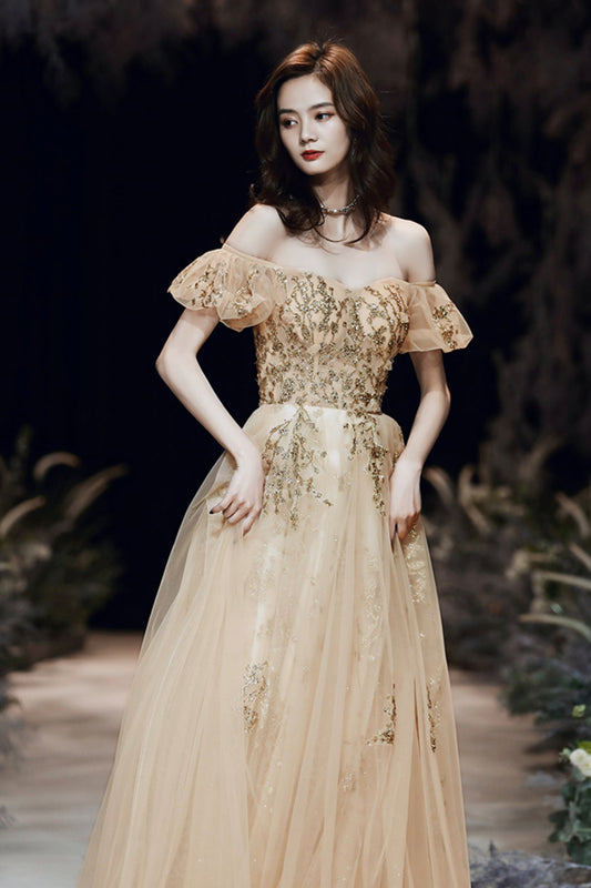 Gold tulle sequins long prom dress A line evening dress  8880