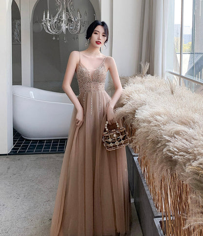 A line v neck tulle long prom dress evening dress  8421
