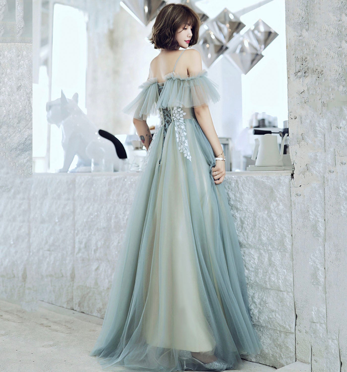 Cute tulle lace long prom dress A line evening dress  8973