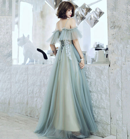 Cute tulle lace long prom dress A line evening dress  8973