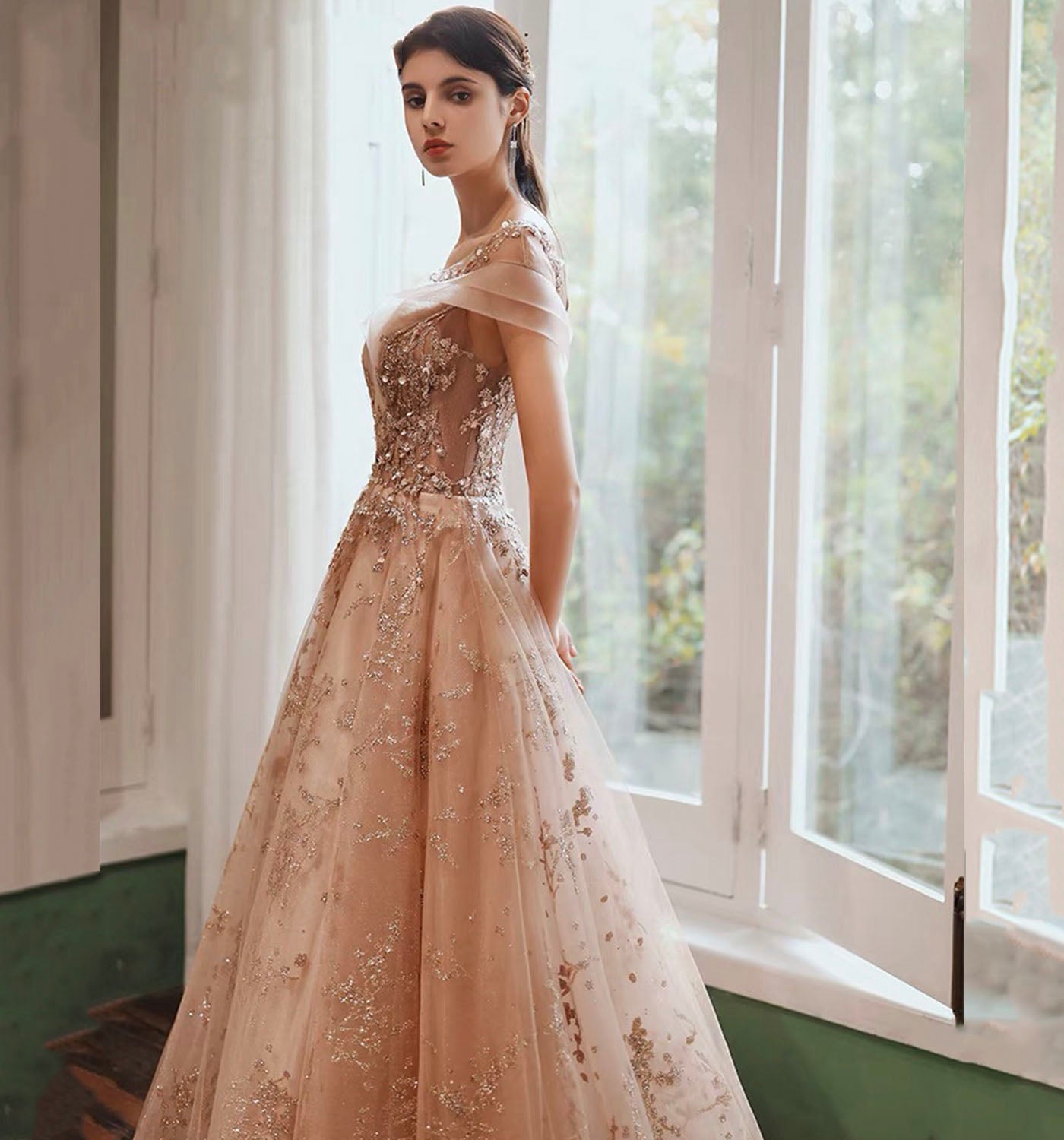 Shiny tulle sequins long prom dress formal dress  8977