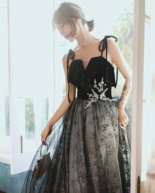 Black tulle sequins long prom dress black evening dress  8901