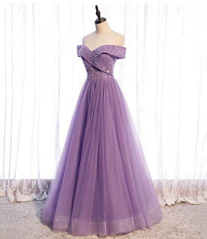 Purple tulle beads long A line prom dress evening dress  8790