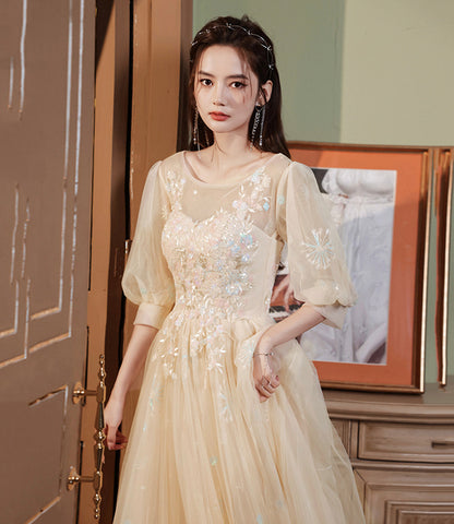 Champagne tulle lace long prom gown evening gown  8944