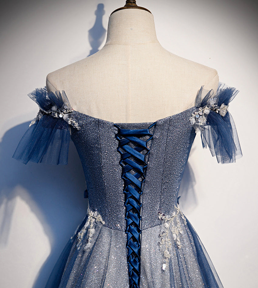 Shiny tulle sequins long prom dress blue evening dress  8429