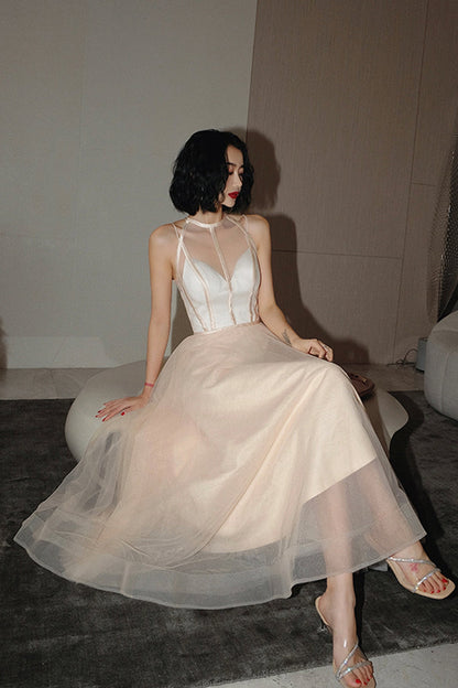 Cute tulle see through short prom dress champagne evening dress  8674