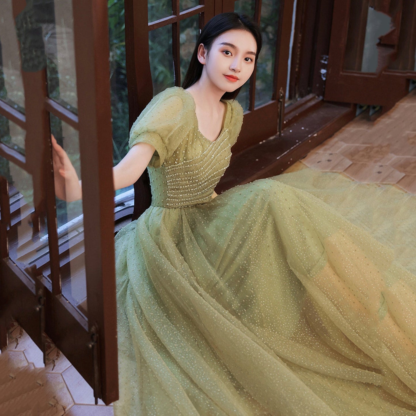 Green tulle beads long prom dress A line evening dress  8993