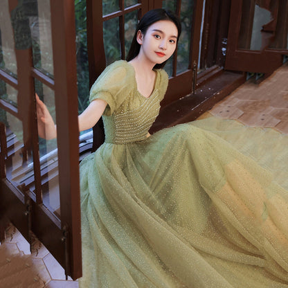 Green tulle beads long prom dress A line evening dress  8993