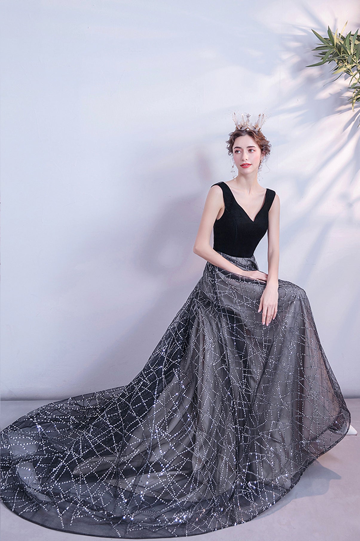 Black tulle sequins long A line prom dress evening dress  8731