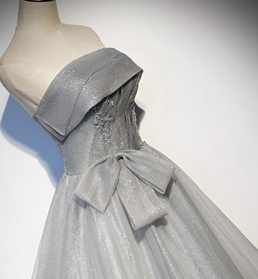 Gray tulle sequins long ball gown dress formal dress  8448