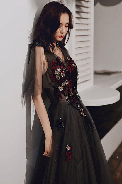 Black lace long prom dress black evening dress  8630
