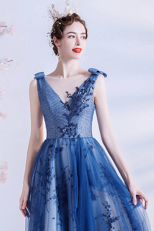 Elegant tulle sequins long A line prom dress evening dress  8702