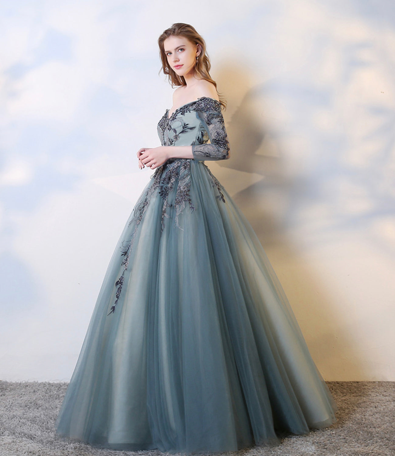 Blue lace long A line prom dress evening dress  8583