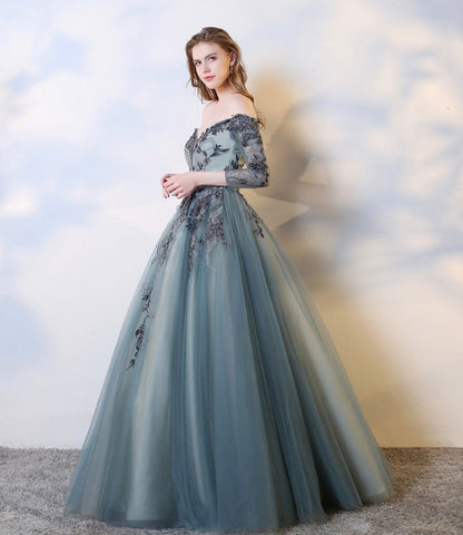 Blue lace long A line prom dress evening dress  8583