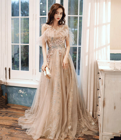Cute tulle sequins long A line prom dress evening dress  8919