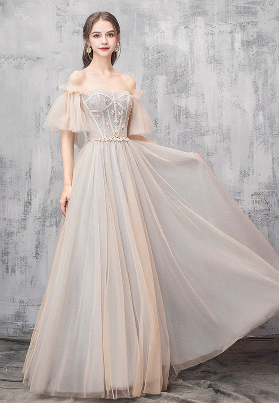 Champagne tulle beads prom dress evening dress  8494