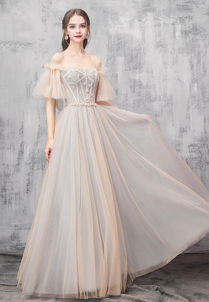 Champagne tulle beads prom dress evening dress  8494