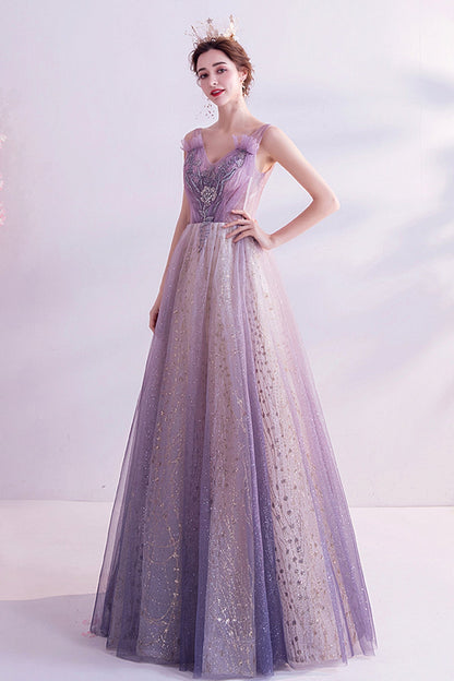 Purple tulle long A line prom dress evening dress  8739